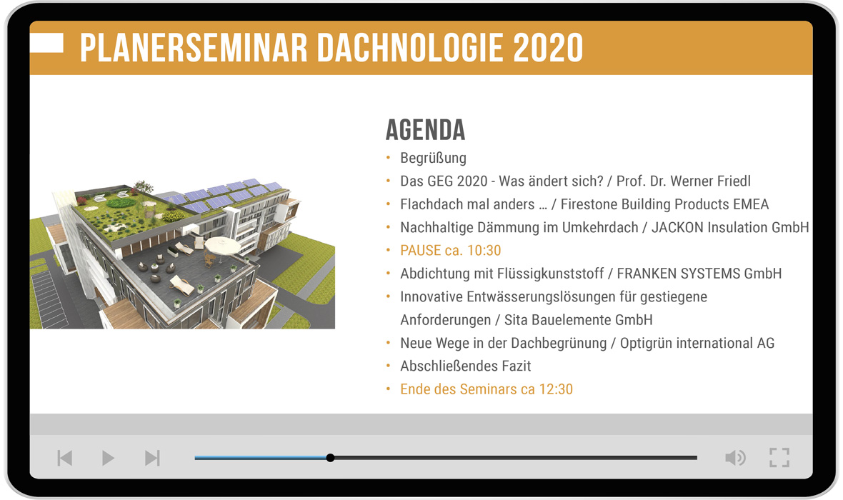 Dachnologie 2020 goes digital: Online-Seminar mit geballtem Fachwissen für Planer